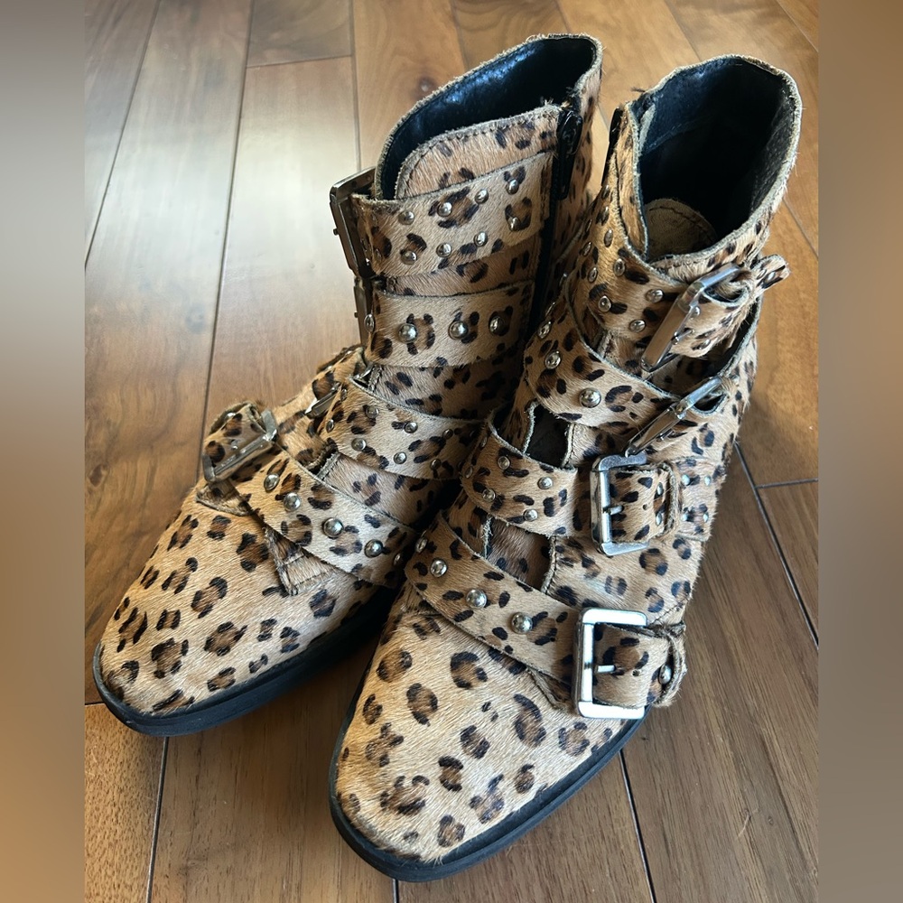 Topshop Pony Leopard Print Buckle Ankle Boots Size 39